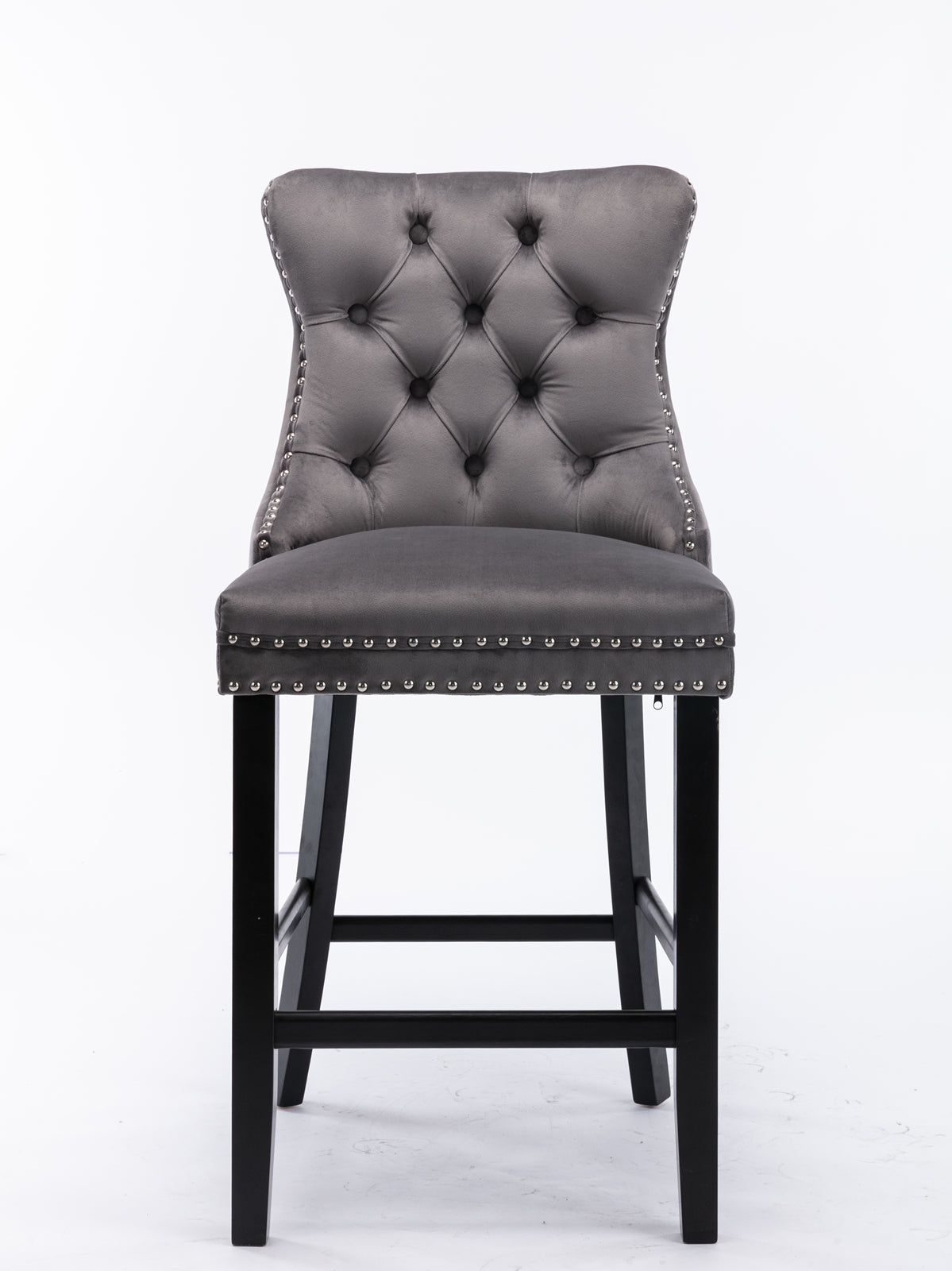 Contemporary Velvet Upholstered Barstools with Button Tufted Decoration and Wooden Legs, and Chrome Nailhead Trim, Leisure Style Bar Chairs,Bar stools, Set of 2 (Gray),SW1902GY image 2