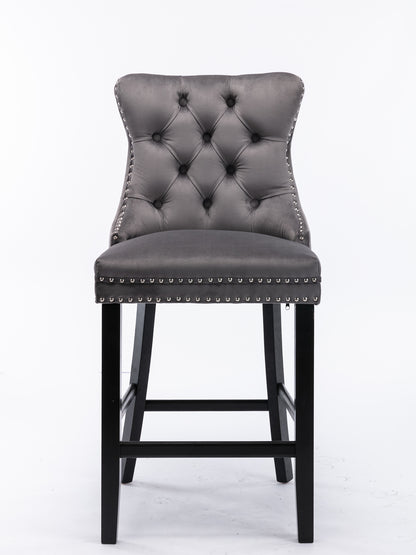 Contemporary Velvet Upholstered Barstools with Button Tufted Decoration and Wooden Legs, and Chrome Nailhead Trim, Leisure Style Bar Chairs,Bar stools, Set of 2 (Gray),SW1902GY image 2