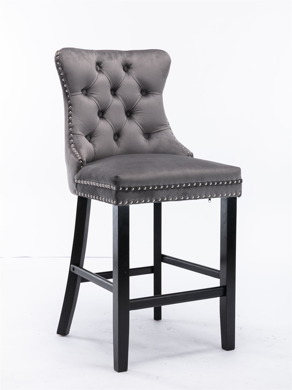 Contemporary Velvet Upholstered Barstools with Button Tufted Decoration and Wooden Legs, and Chrome Nailhead Trim, Leisure Style Bar Chairs,Bar stools, Set of 2 (Gray),SW1902GY image 3