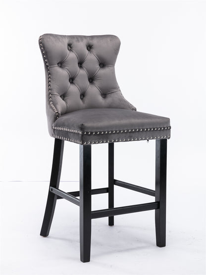 Contemporary Velvet Upholstered Barstools with Button Tufted Decoration and Wooden Legs, and Chrome Nailhead Trim, Leisure Style Bar Chairs,Bar stools, Set of 2 (Gray),SW1902GY image 3