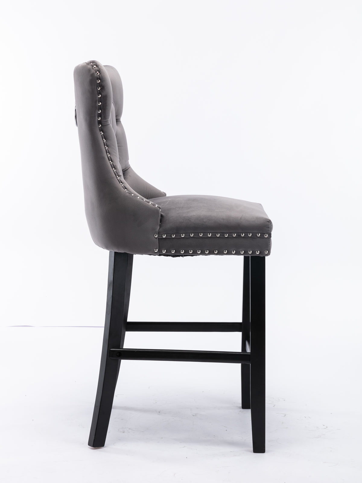 Contemporary Velvet Upholstered Barstools with Button Tufted Decoration and Wooden Legs, and Chrome Nailhead Trim, Leisure Style Bar Chairs,Bar stools, Set of 2 (Gray),SW1902GY image 4