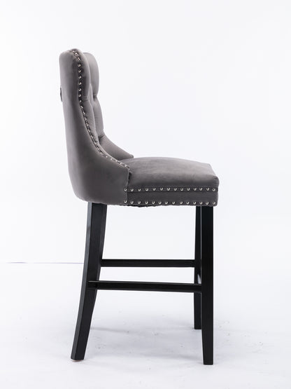 Contemporary Velvet Upholstered Barstools with Button Tufted Decoration and Wooden Legs, and Chrome Nailhead Trim, Leisure Style Bar Chairs,Bar stools, Set of 2 (Gray),SW1902GY image 4