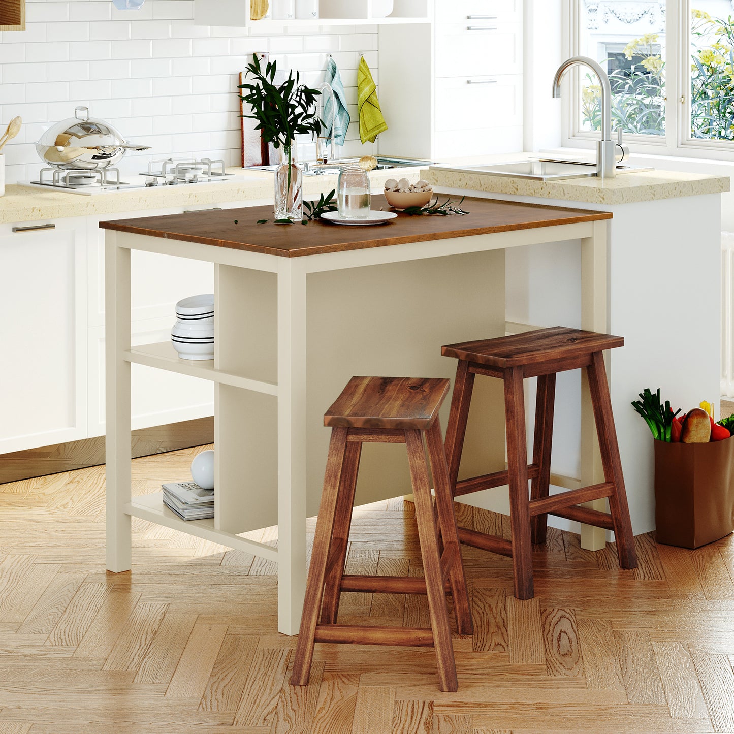 TOPMAX Solid Wood Rustic 3-piece 45" Stationary Kitchen Island Set with 2 Seatings, Rubber Wood Butcher Block Dining Table Set Prep Table Set with 2 Open Shelves for Small Places,Walnut+Cream White image 1