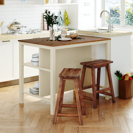 TOPMAX Solid Wood Rustic 3-piece 45" Stationary Kitchen Island Set with 2 Seatings, Rubber Wood Butcher Block Dining Table Set Prep Table Set with 2 Open Shelves for Small Places,Walnut+Cream White image 1