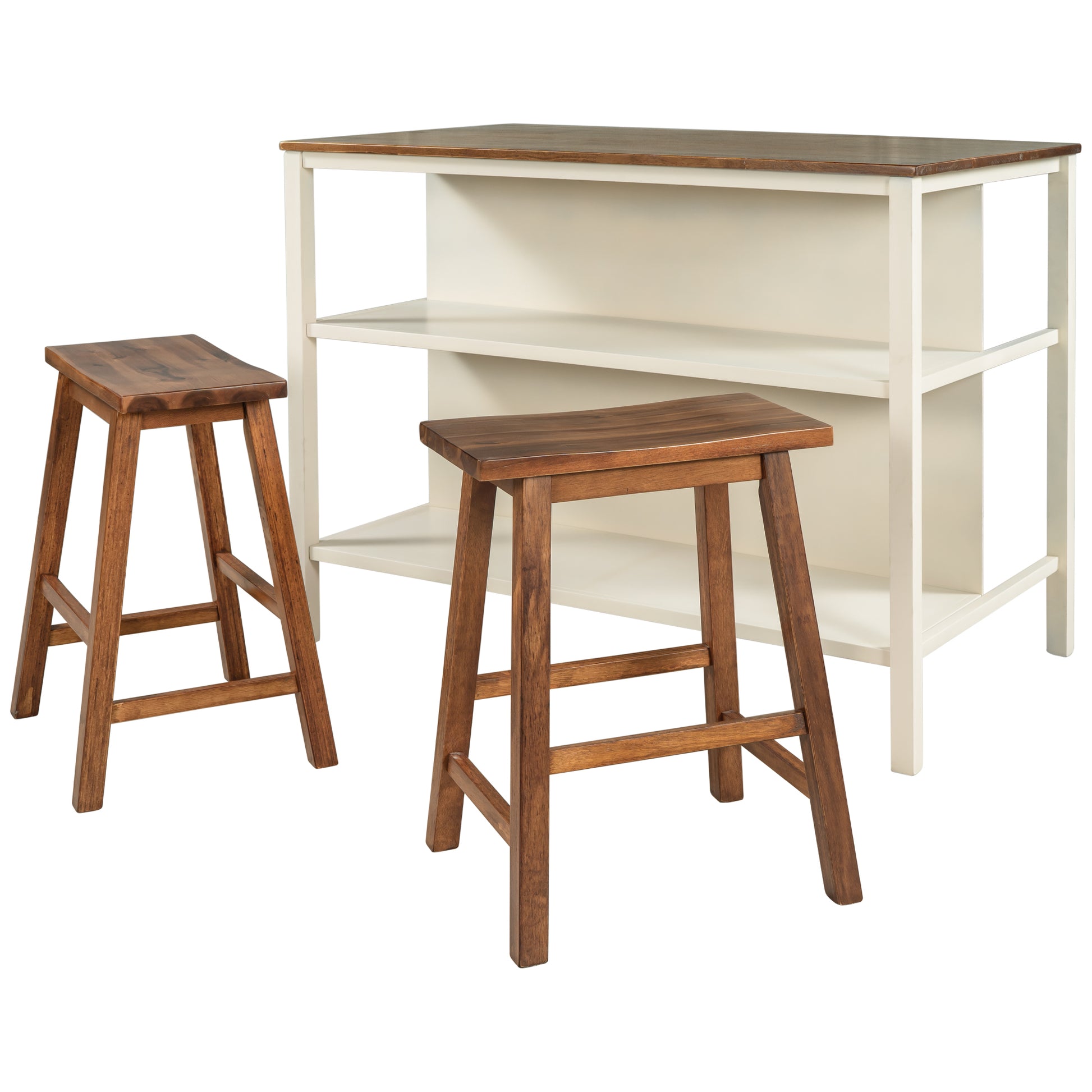 TOPMAX Solid Wood Rustic 3-piece 45" Stationary Kitchen Island Set with 2 Seatings, Rubber Wood Butcher Block Dining Table Set Prep Table Set with 2 Open Shelves for Small Places,Walnut+Cream White image 12