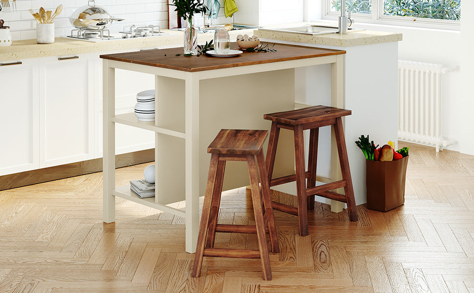TOPMAX Solid Wood Rustic 3-piece 45" Stationary Kitchen Island Set with 2 Seatings, Rubber Wood Butcher Block Dining Table Set Prep Table Set with 2 Open Shelves for Small Places,Walnut+Cream White image 3