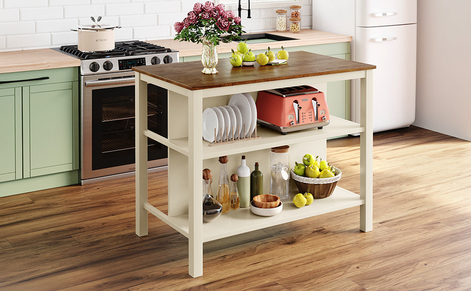 TOPMAX Solid Wood Rustic 3-piece 45" Stationary Kitchen Island Set with 2 Seatings, Rubber Wood Butcher Block Dining Table Set Prep Table Set with 2 Open Shelves for Small Places,Walnut+Cream White image 6