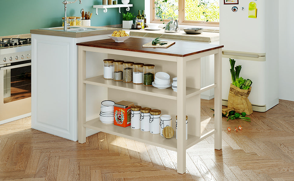 TOPMAX Solid Wood Rustic 3-piece 45" Stationary Kitchen Island Set with 2 Seatings, Rubber Wood Butcher Block Dining Table Set Prep Table Set with 2 Open Shelves for Small Places,Walnut+Cream White image 5
