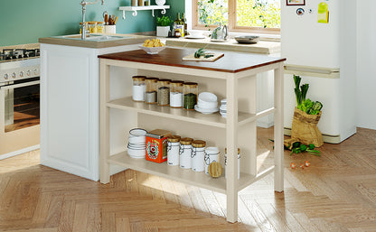 TOPMAX Solid Wood Rustic 3-piece 45" Stationary Kitchen Island Set with 2 Seatings, Rubber Wood Butcher Block Dining Table Set Prep Table Set with 2 Open Shelves for Small Places,Walnut+Cream White image 5