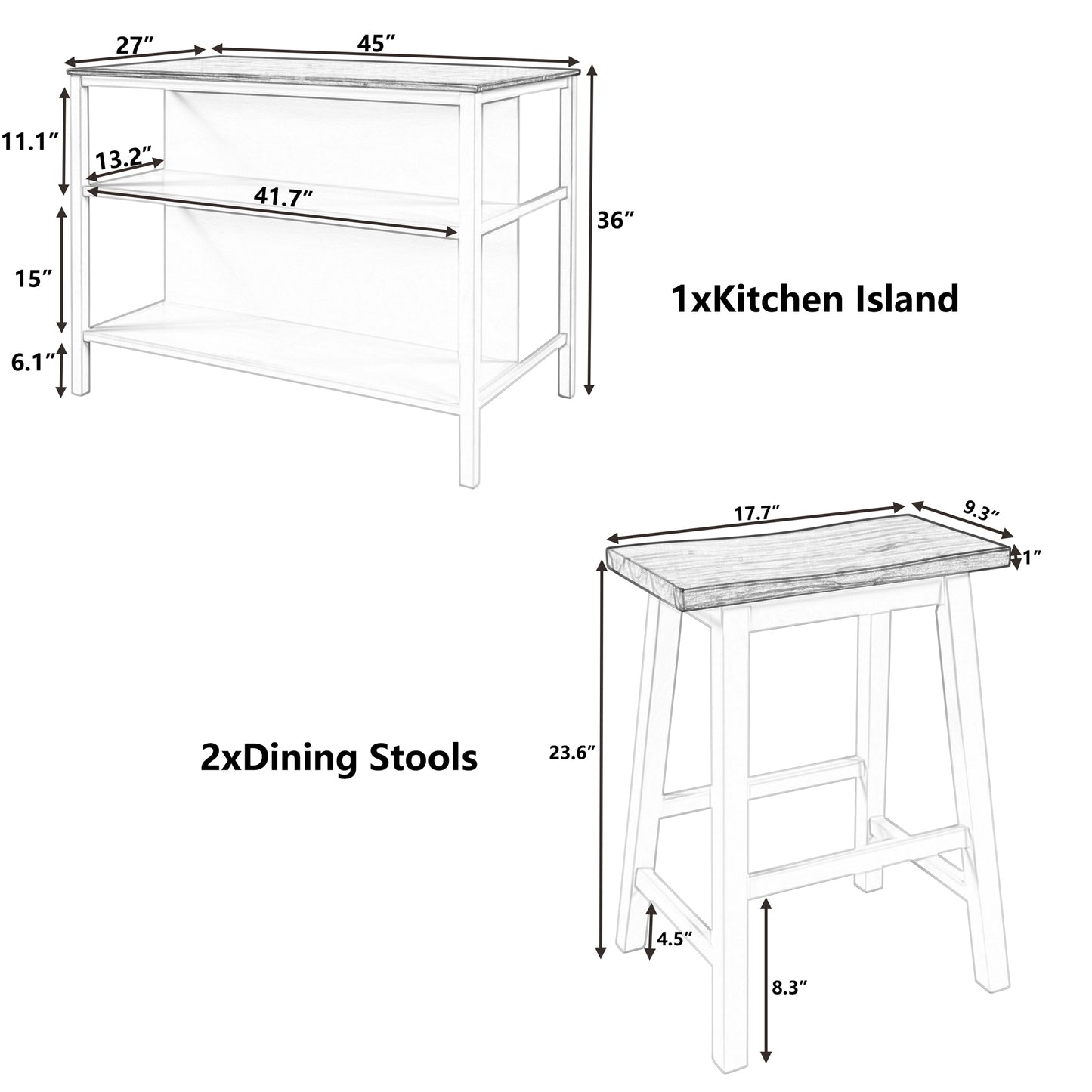 TOPMAX Solid Wood Rustic 3-piece 45" Stationary Kitchen Island Set with 2 Seatings, Rubber Wood Butcher Block Dining Table Set Prep Table Set with 2 Open Shelves for Small Places,Walnut+Cream White image 11