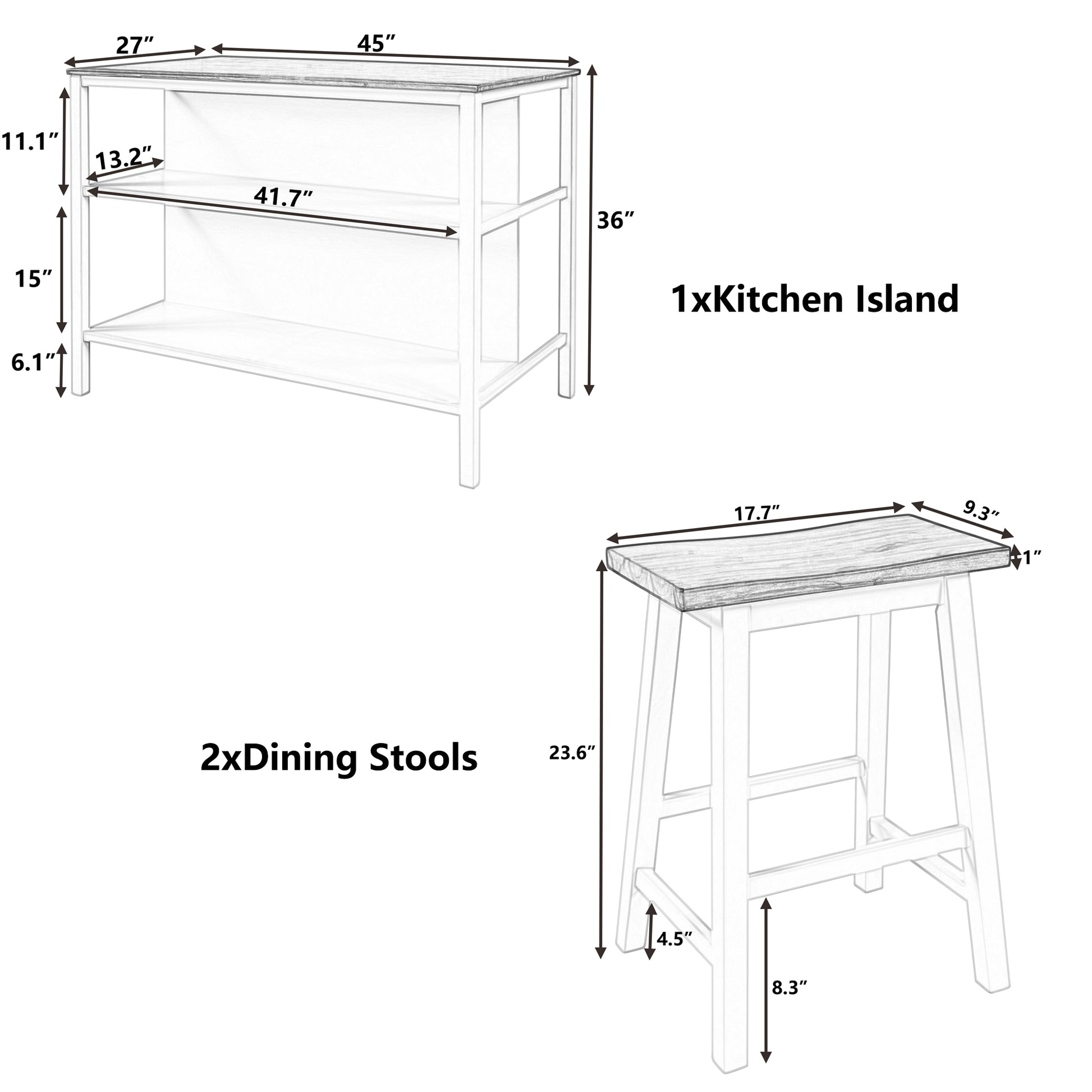 TOPMAX Solid Wood Rustic 3-piece 45" Stationary Kitchen Island Set with 2 Seatings, Rubber Wood Butcher Block Dining Table Set Prep Table Set with 2 Open Shelves for Small Places,Walnut+Cream White image 11