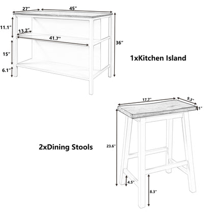 TOPMAX Solid Wood Rustic 3-piece 45" Stationary Kitchen Island Set with 2 Seatings, Rubber Wood Butcher Block Dining Table Set Prep Table Set with 2 Open Shelves for Small Places,Walnut+Cream White image 11