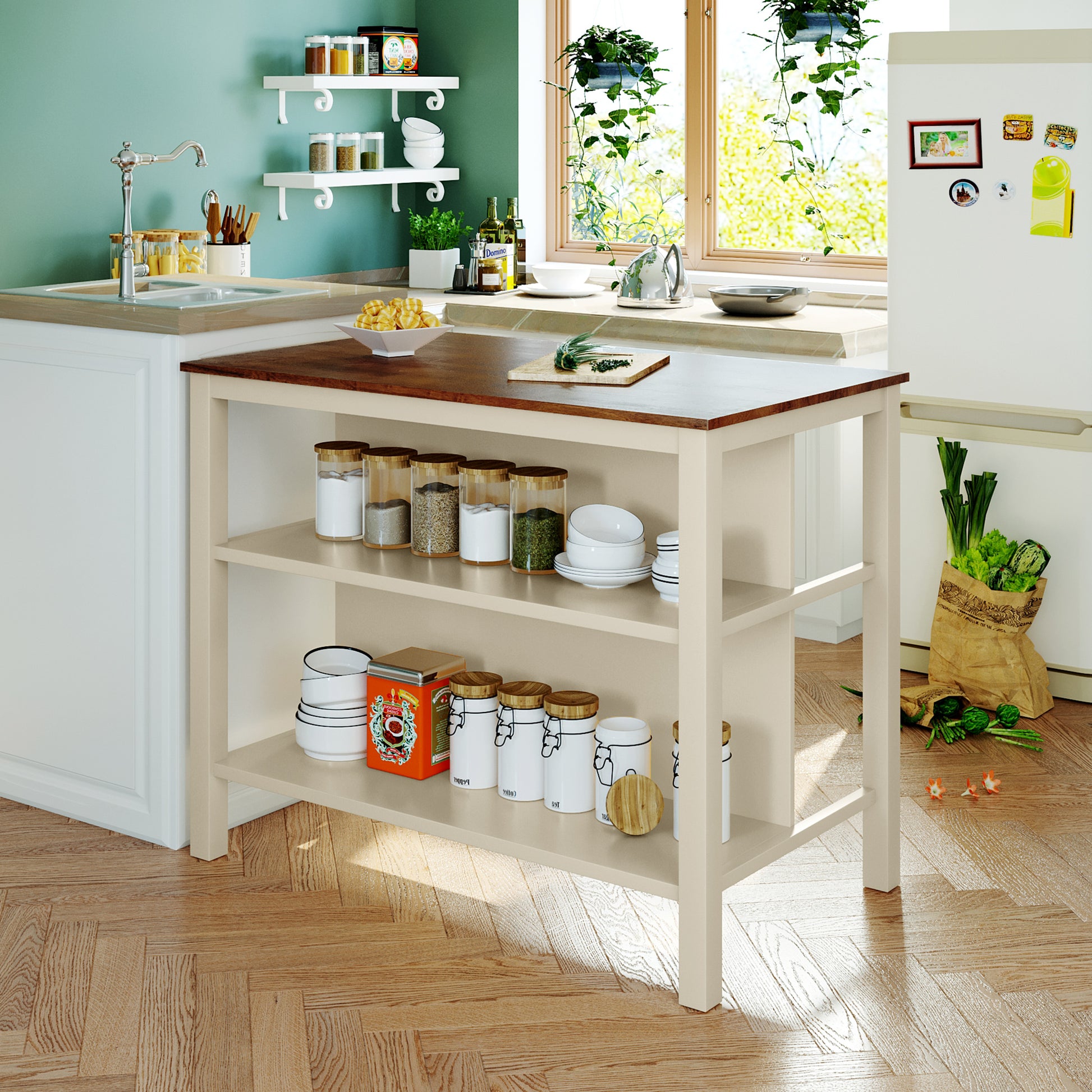 TOPMAX Solid Wood Rustic 3-piece 45" Stationary Kitchen Island Set with 2 Seatings, Rubber Wood Butcher Block Dining Table Set Prep Table Set with 2 Open Shelves for Small Places,Walnut+Cream White image 8