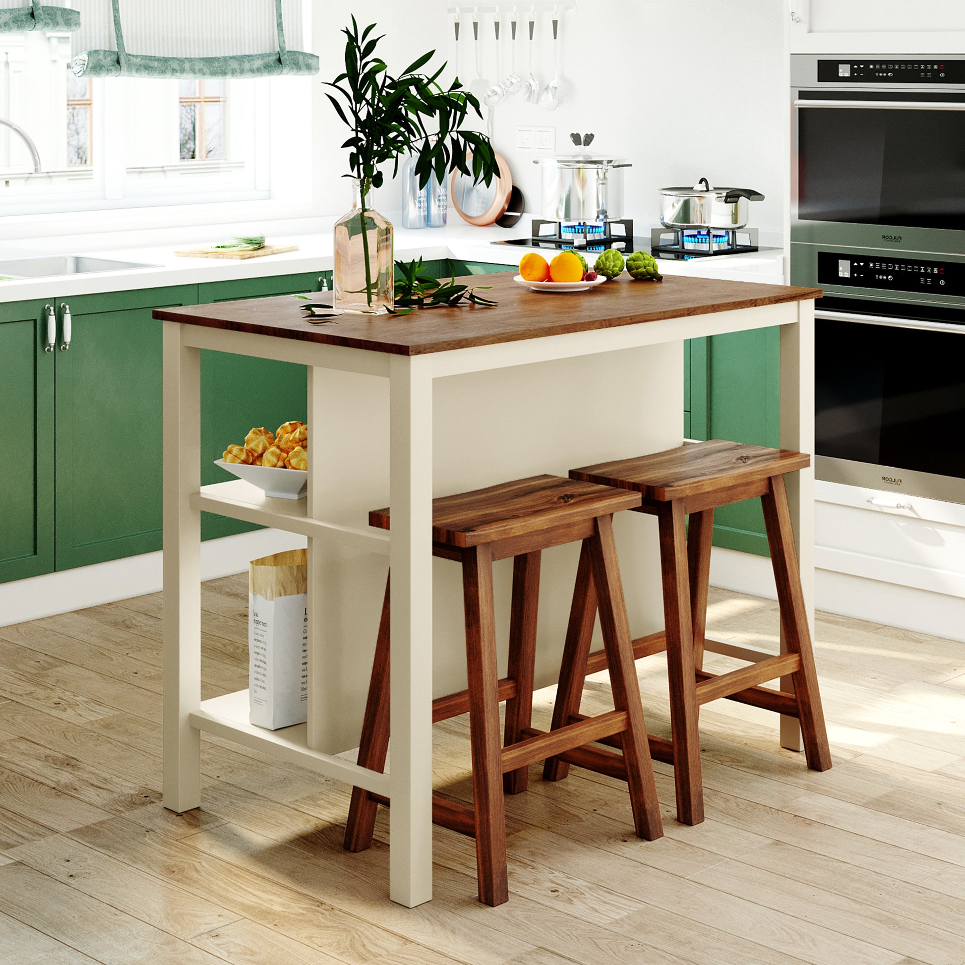 TOPMAX Solid Wood Rustic 3-piece 45" Stationary Kitchen Island Set with 2 Seatings, Rubber Wood Butcher Block Dining Table Set Prep Table Set with 2 Open Shelves for Small Places,Walnut+Cream White image 7