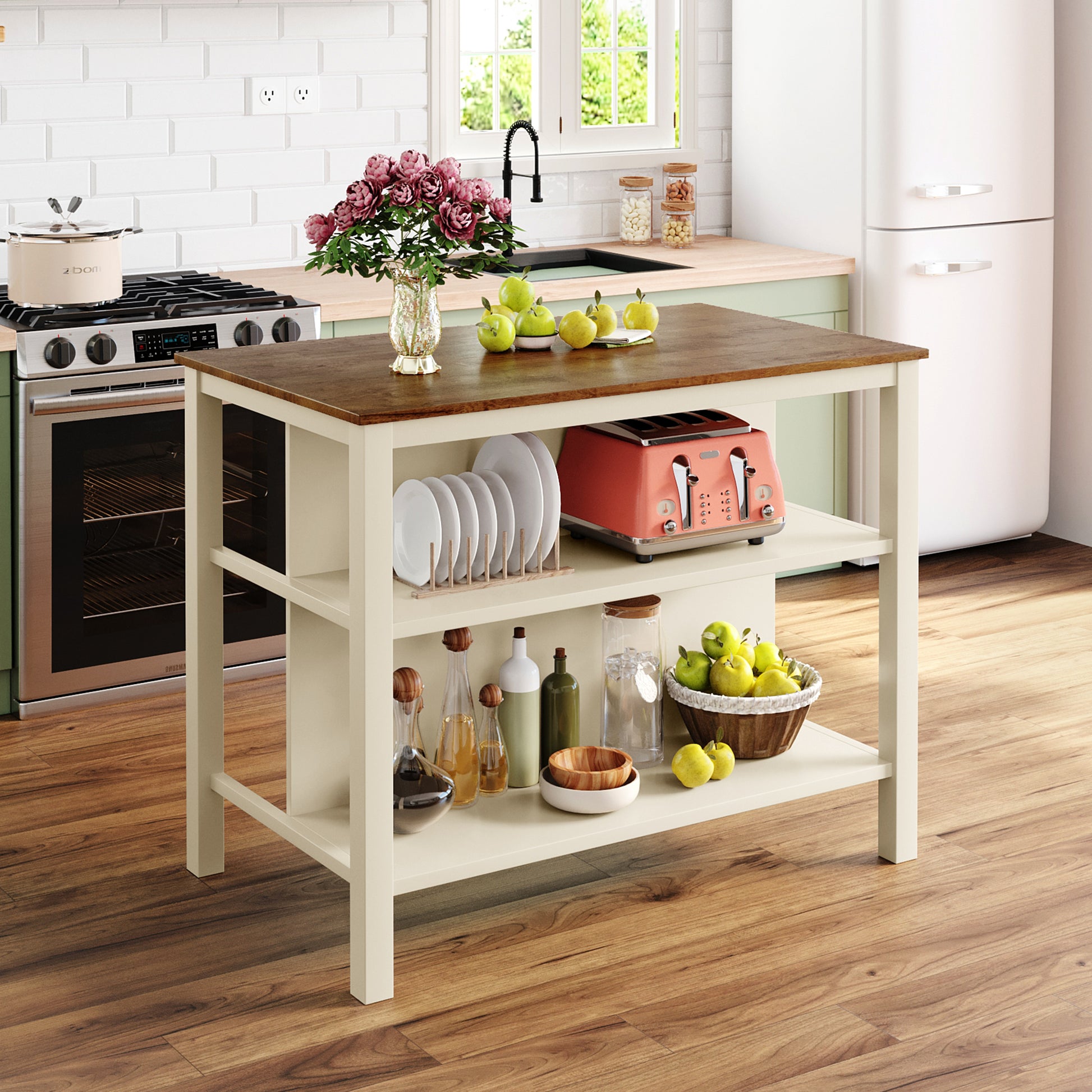 TOPMAX Solid Wood Rustic 3-piece 45" Stationary Kitchen Island Set with 2 Seatings, Rubber Wood Butcher Block Dining Table Set Prep Table Set with 2 Open Shelves for Small Places,Walnut+Cream White image 9