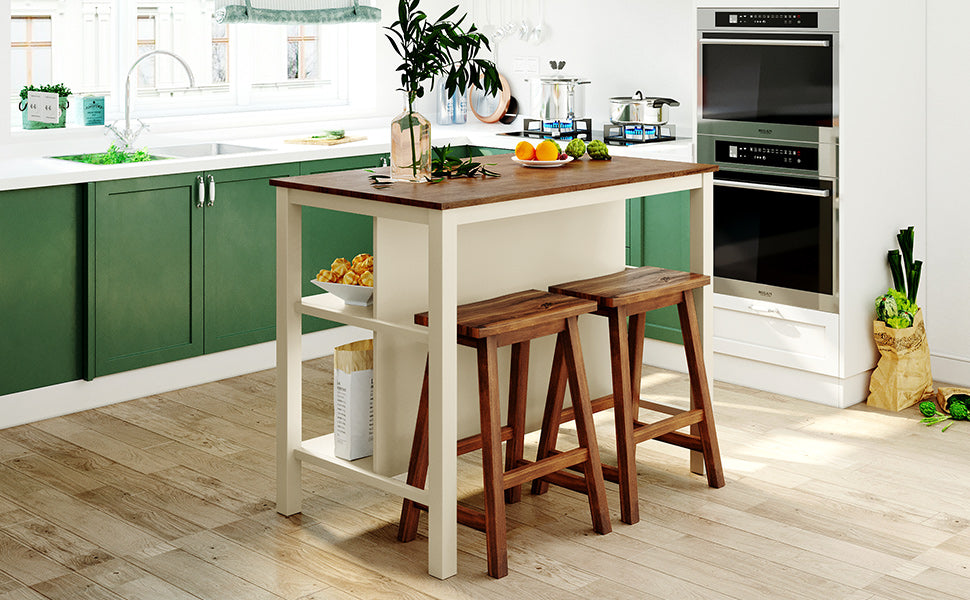 TOPMAX Solid Wood Rustic 3-piece 45" Stationary Kitchen Island Set with 2 Seatings, Rubber Wood Butcher Block Dining Table Set Prep Table Set with 2 Open Shelves for Small Places,Walnut+Cream White image 2