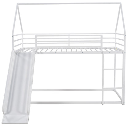 Twin over Twin House Bunk Bed with Ladder and Slide,White image 11
