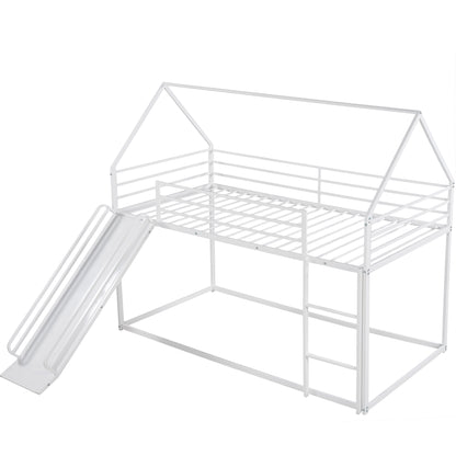 Twin over Twin House Bunk Bed with Ladder and Slide,White image 9