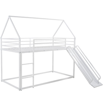 Twin over Twin House Bunk Bed with Ladder and Slide,White image 7