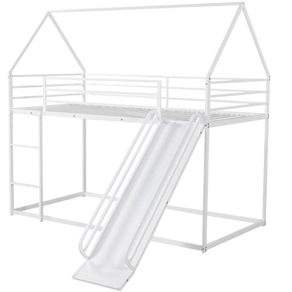Twin over Twin House Bunk Bed with Ladder and Slide,White image 10