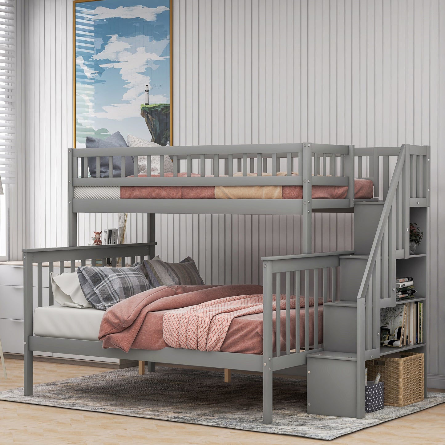 Twin over Full Stairway Bunk Bed with Storage, Gray image 3