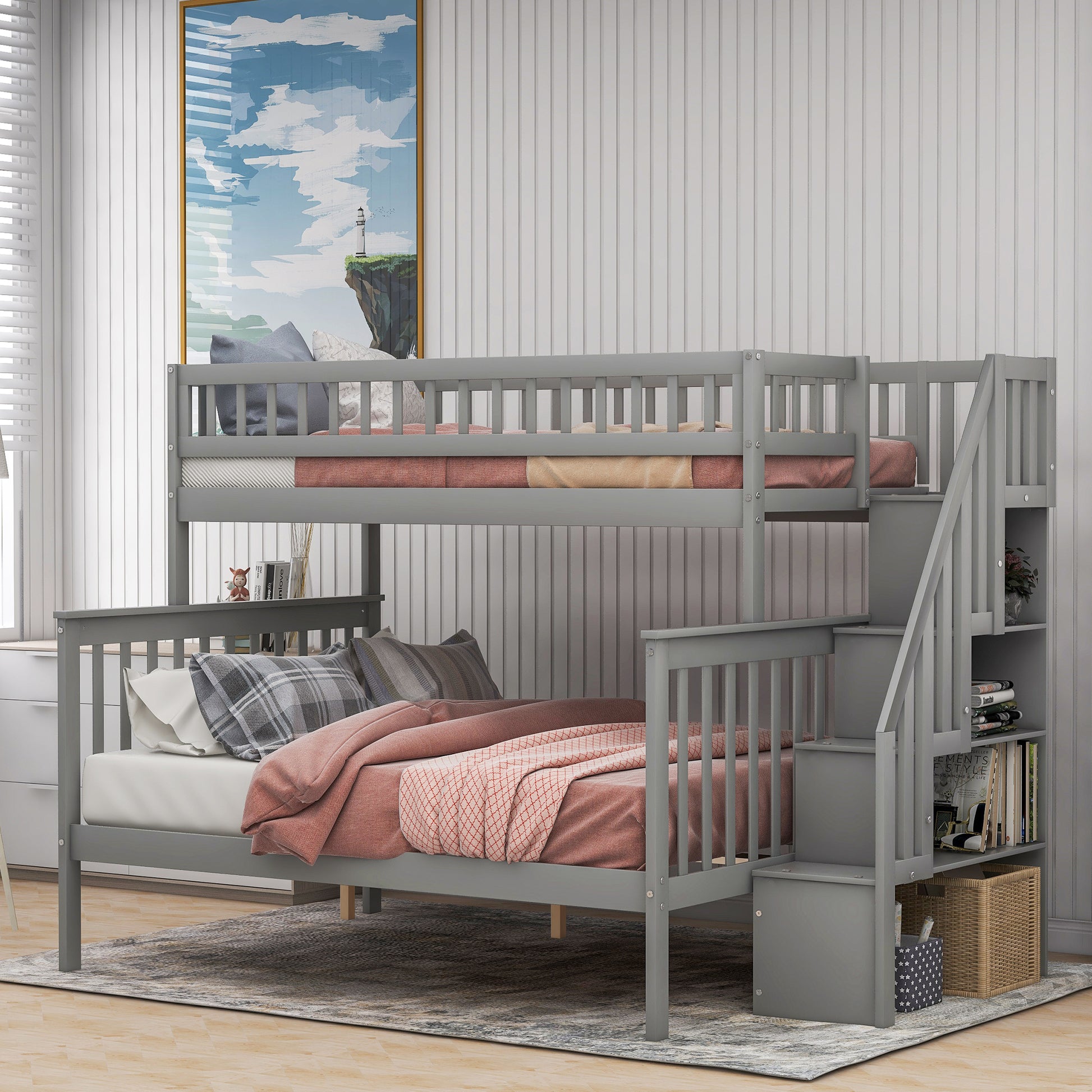 Twin over Full Stairway Bunk Bed with Storage, Gray image 3