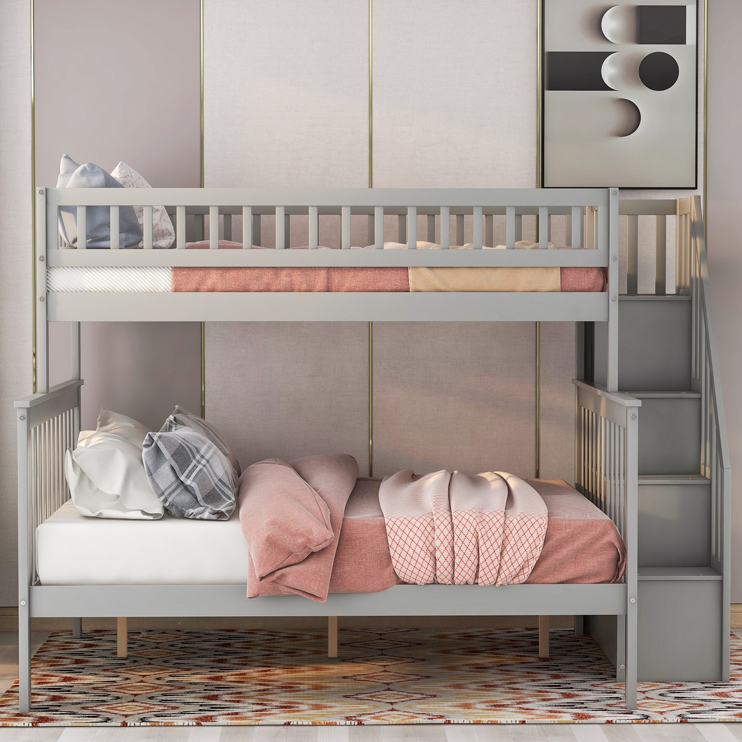 Twin over Full Stairway Bunk Bed with Storage, Gray image 2