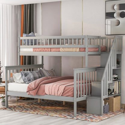 Twin over Full Stairway Bunk Bed with Storage, Gray image 1