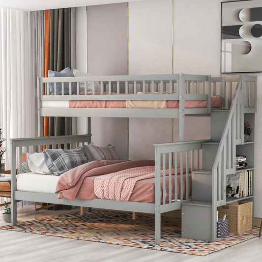 Twin over Full Stairway Bunk Bed with Storage, Gray image 1
