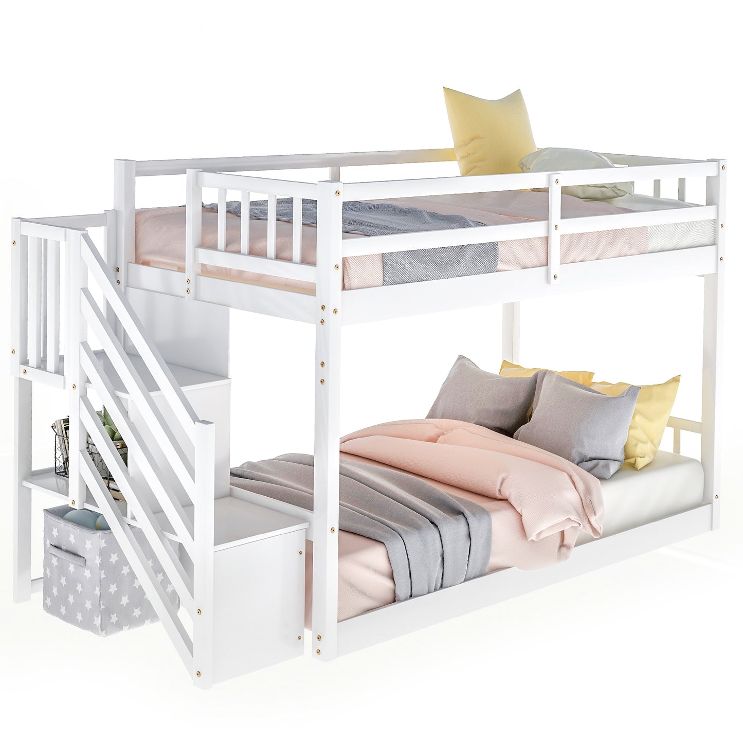 Twin over Twin Floor Bunk Bed, Ladder with Storage, White image 6