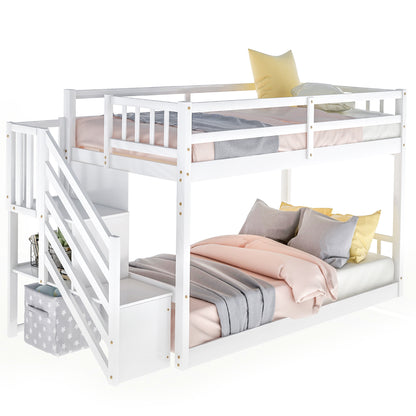 Twin over Twin Floor Bunk Bed, Ladder with Storage, White image 6