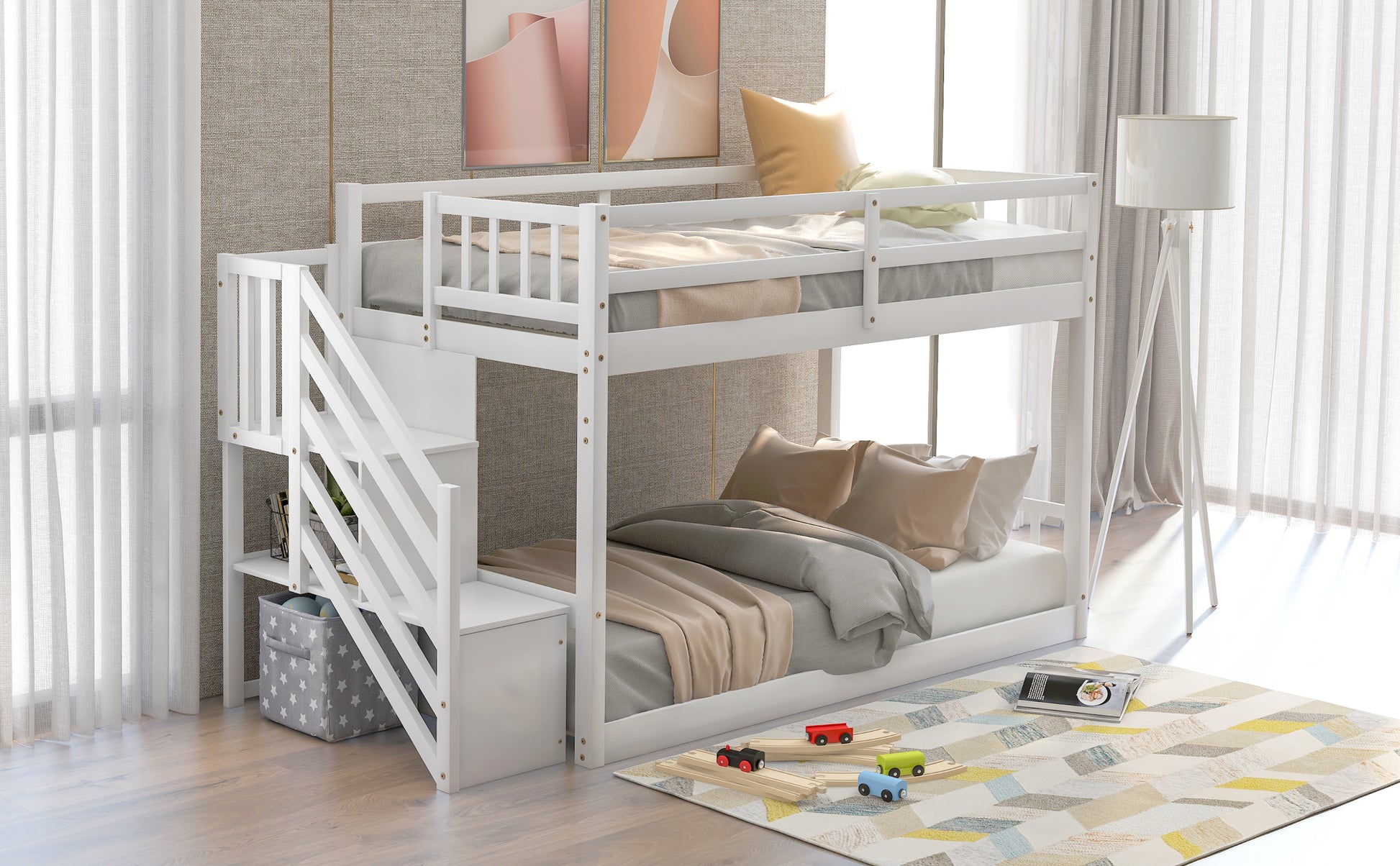 Twin over Twin Floor Bunk Bed, Ladder with Storage, White image 5
