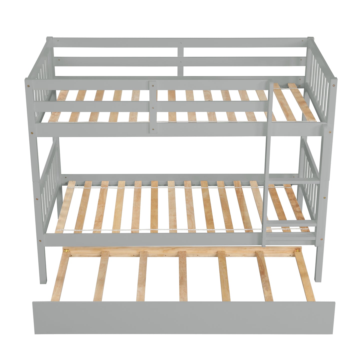 Twin Over Twin Rubber Wood Bunk Bed with Trundle, Convertible into Twin Size Beds, Twin Size Bunk Bed with Ladder and Safety Guardrails,Grey image 6