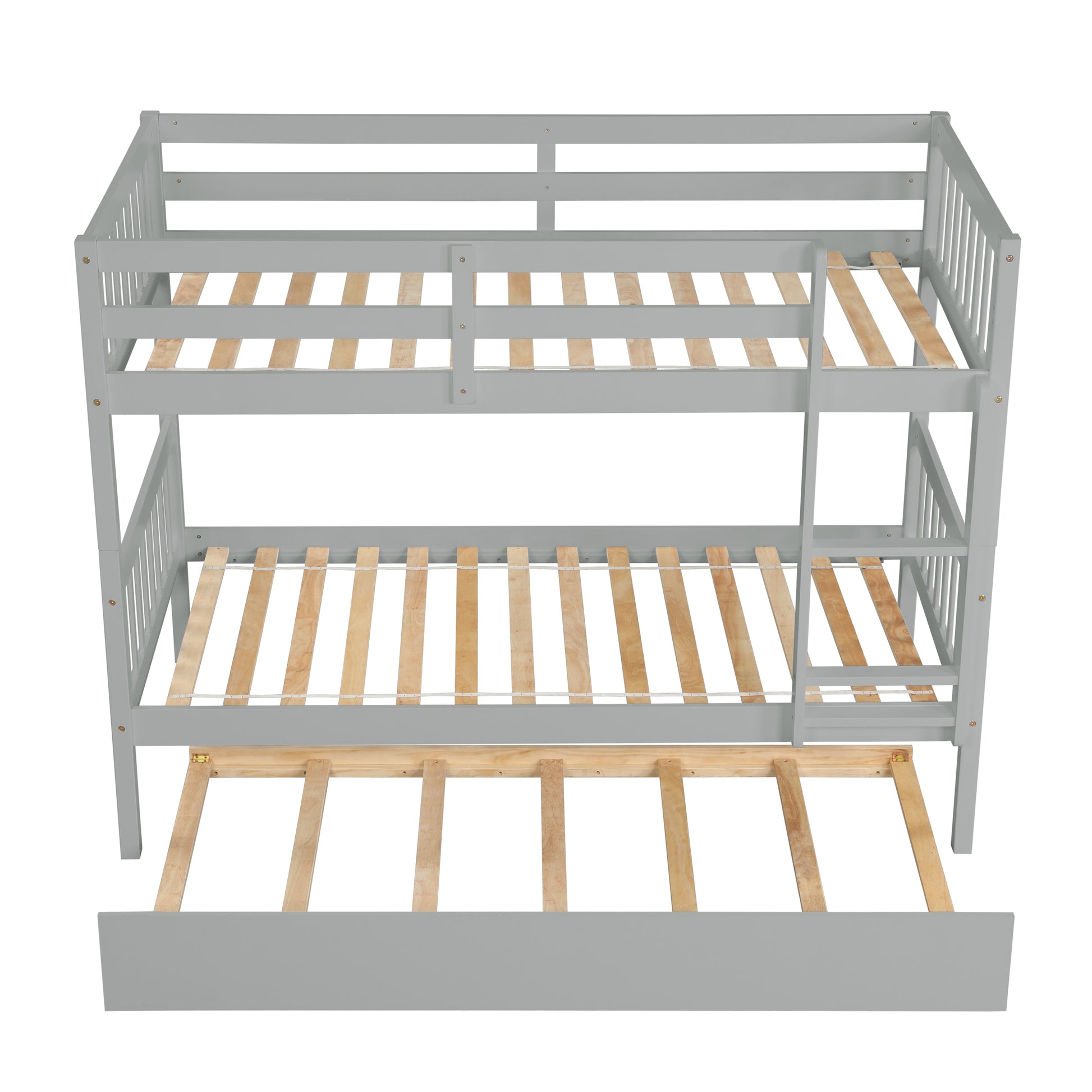 Twin Over Twin Rubber Wood Bunk Bed with Trundle, Convertible into Twin Size Beds, Twin Size Bunk Bed with Ladder and Safety Guardrails,Grey image 6
