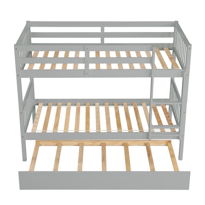 Twin Over Twin Rubber Wood Bunk Bed with Trundle, Convertible into Twin Size Beds, Twin Size Bunk Bed with Ladder and Safety Guardrails,Grey image 6