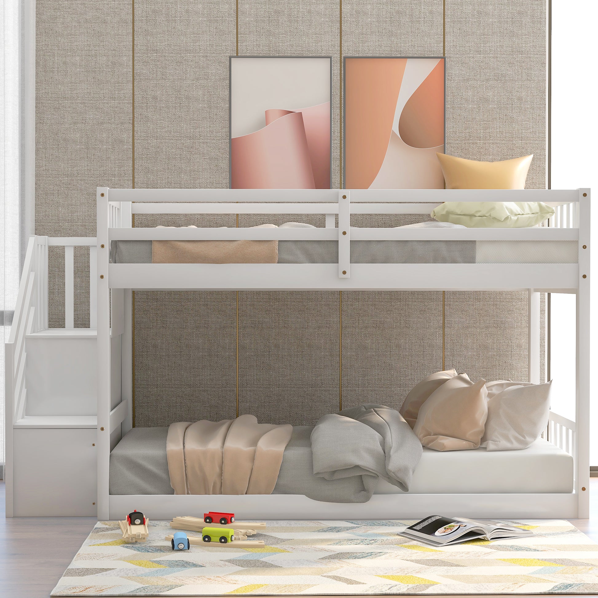 Twin over Twin Floor Bunk Bed, Ladder with Storage, White image 3
