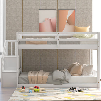 Twin over Twin Floor Bunk Bed, Ladder with Storage, White image 3