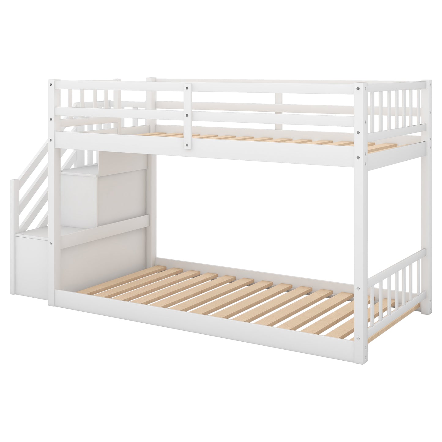 Twin over Twin Floor Bunk Bed, Ladder with Storage, White image 10