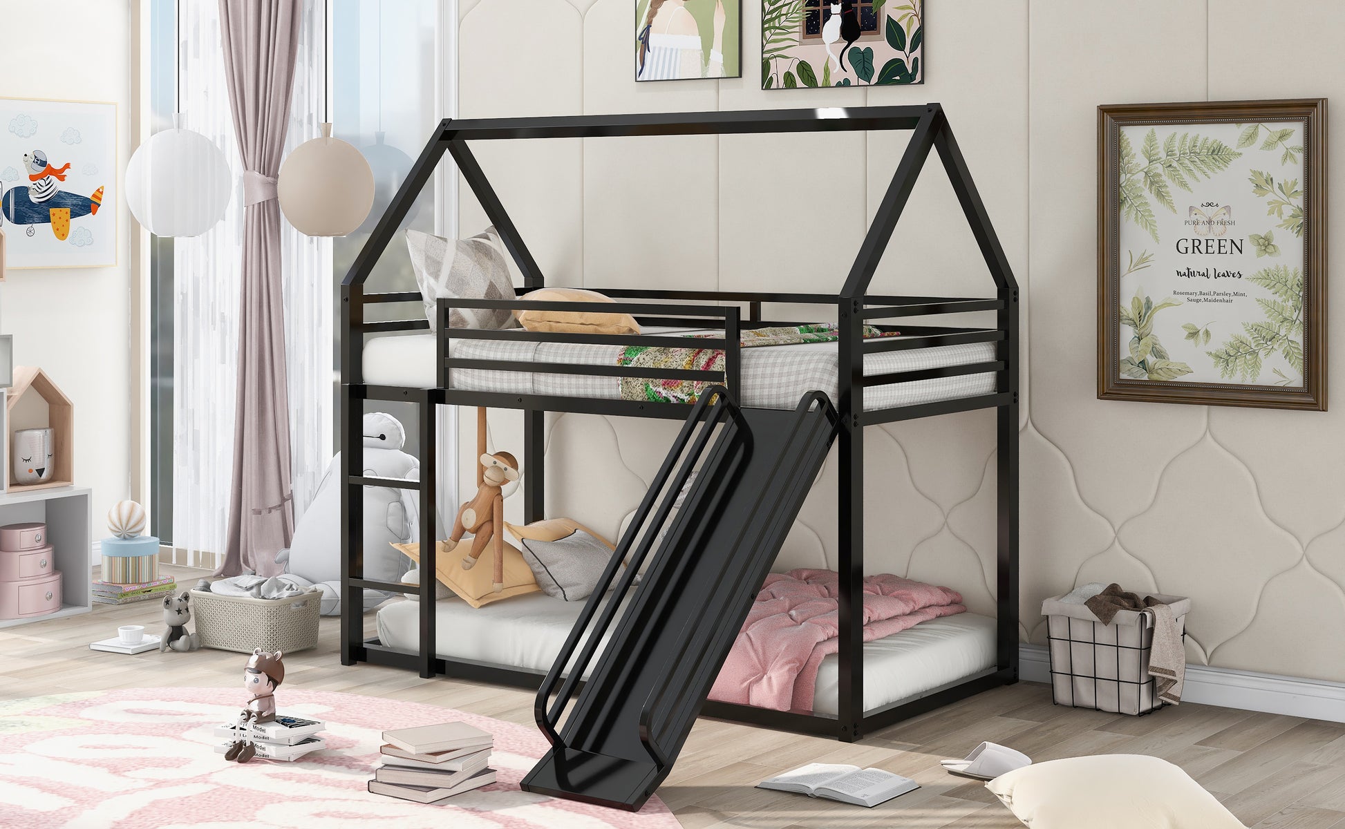 Twin over Twin House Bunk Bed with Ladder and Slide,Black image 3
