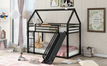 Twin over Twin House Bunk Bed with Ladder and Slide,Black image 3