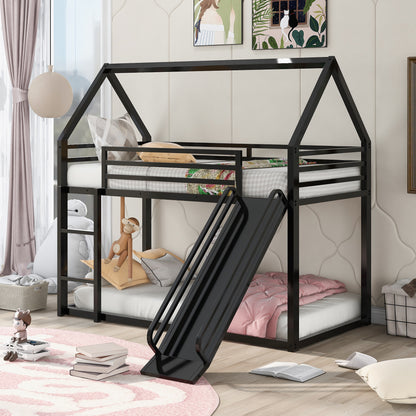 Twin over Twin House Bunk Bed with Ladder and Slide,Black image 1