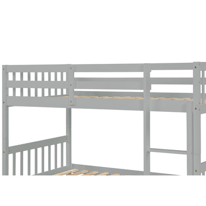Twin Over Twin Rubber Wood Bunk Bed with Trundle, Convertible into Twin Size Beds, Twin Size Bunk Bed with Ladder and Safety Guardrails,Grey image 8
