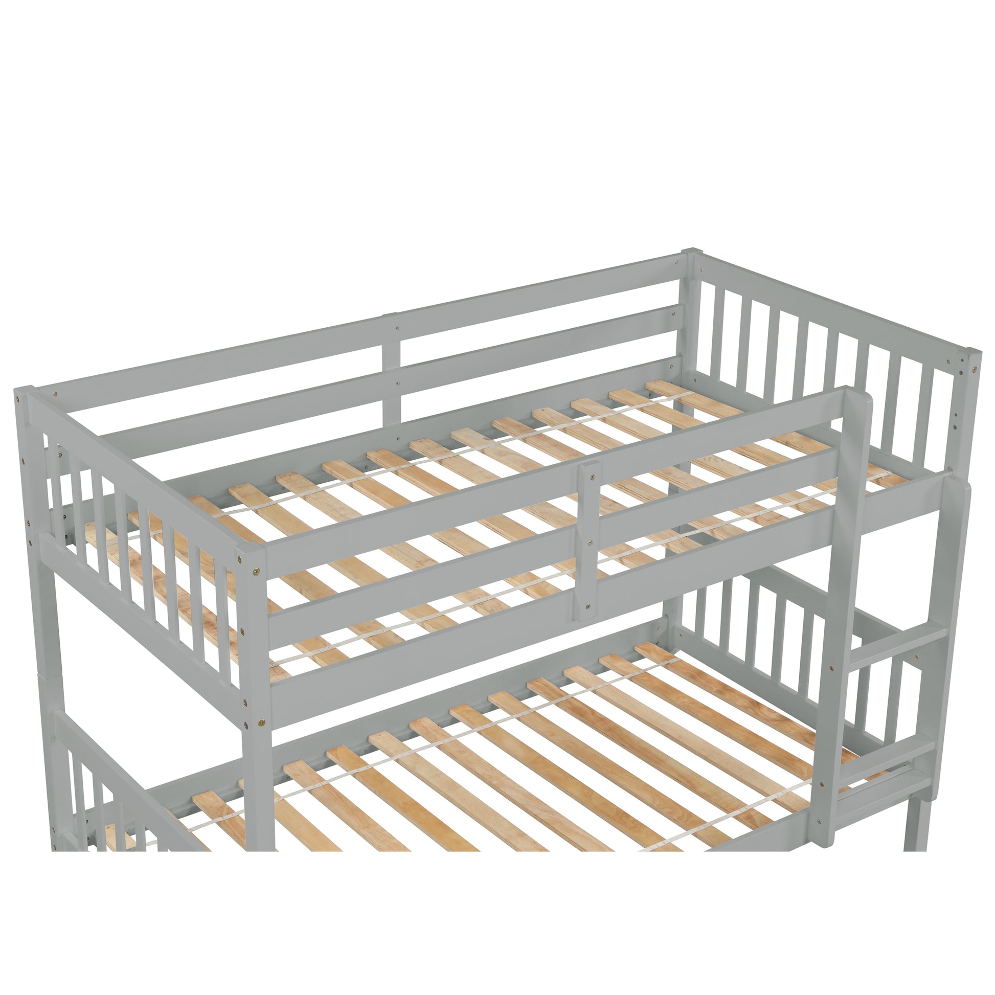 Twin Over Twin Rubber Wood Bunk Bed with Trundle, Convertible into Twin Size Beds, Twin Size Bunk Bed with Ladder and Safety Guardrails,Grey image 4