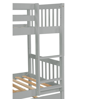 Twin Over Twin Rubber Wood Bunk Bed with Trundle, Convertible into Twin Size Beds, Twin Size Bunk Bed with Ladder and Safety Guardrails,Grey image 9