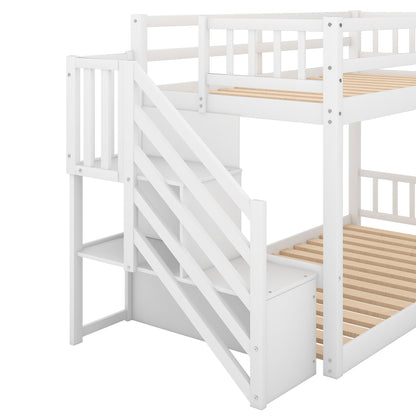 Twin over Twin Floor Bunk Bed, Ladder with Storage, White image 12