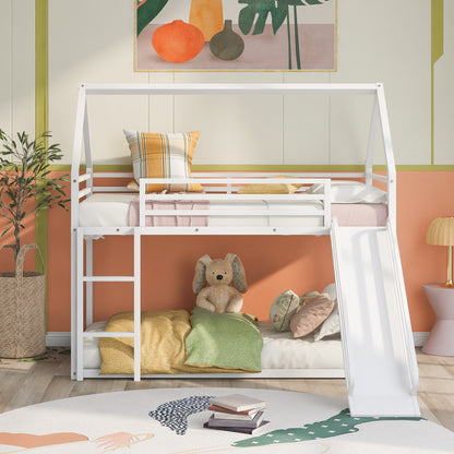 Twin over Twin House Bunk Bed with Ladder and Slide,White image 2