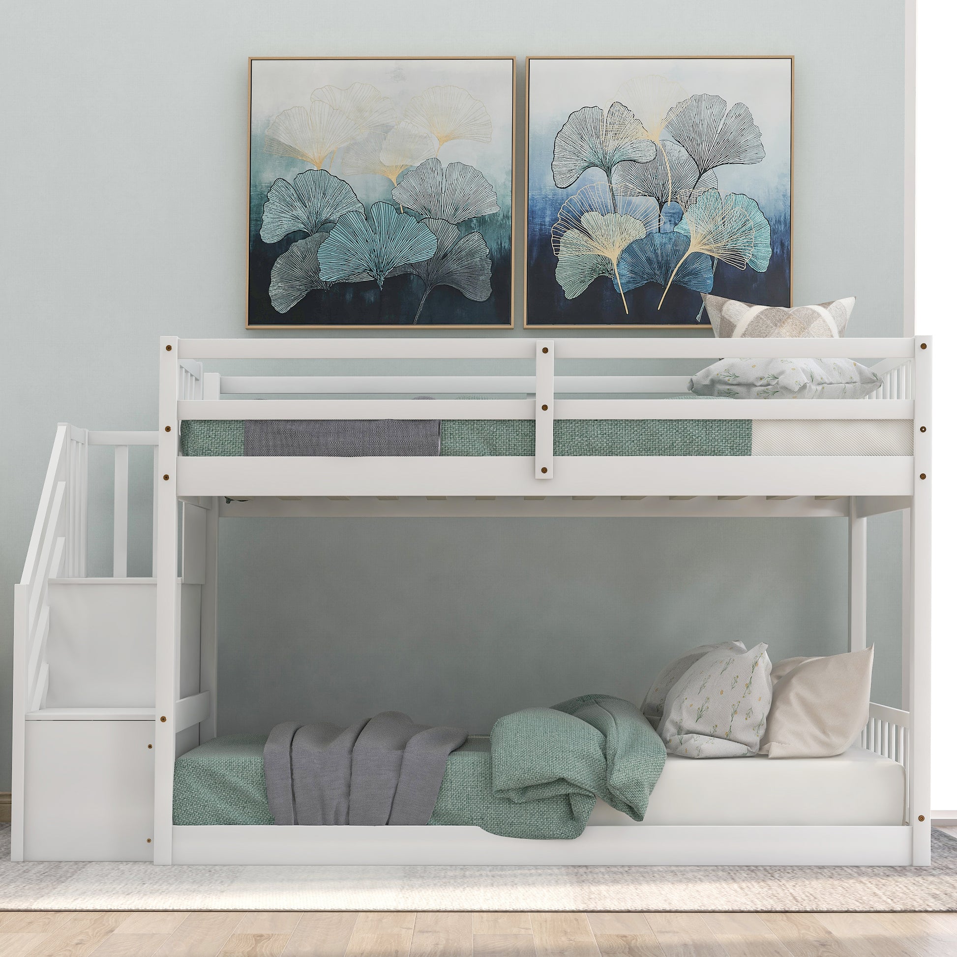 Twin over Twin Floor Bunk Bed, Ladder with Storage, White image 2
