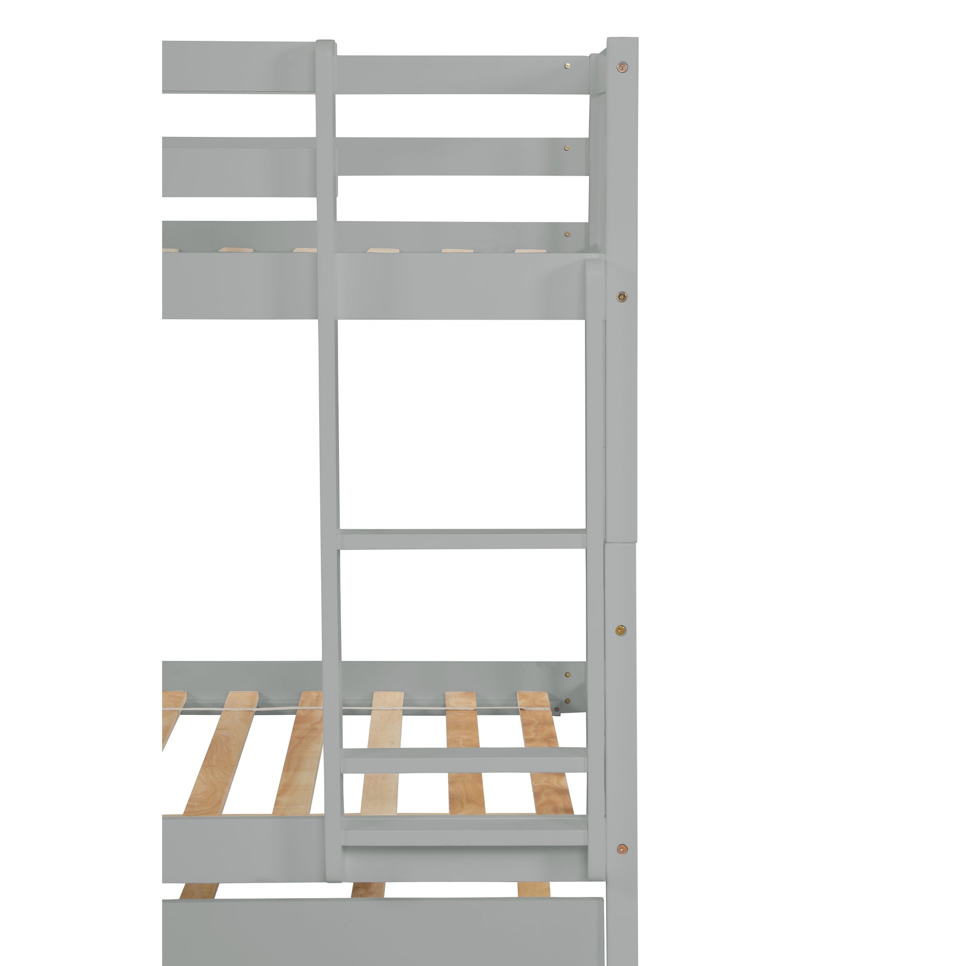 Twin Over Twin Rubber Wood Bunk Bed with Trundle, Convertible into Twin Size Beds, Twin Size Bunk Bed with Ladder and Safety Guardrails,Grey image 5