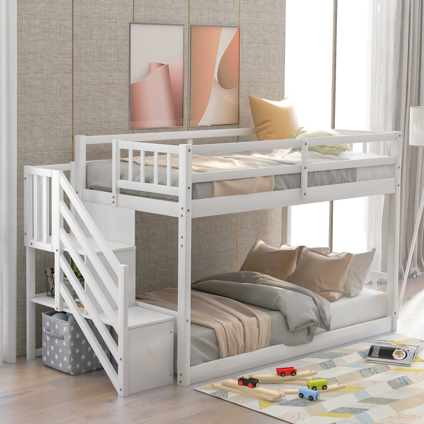 Twin over Twin Floor Bunk Bed, Ladder with Storage, White image 4