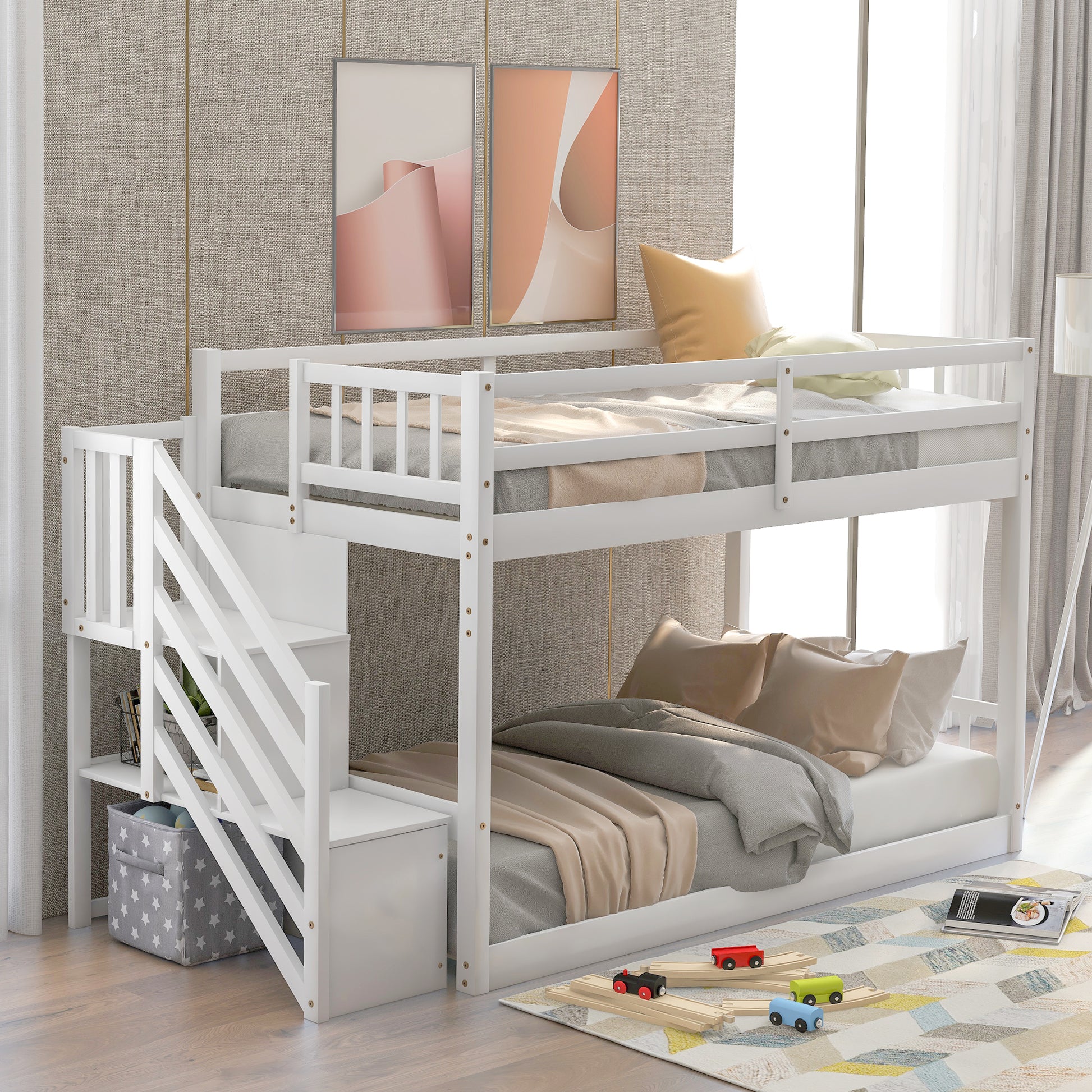 Twin over Twin Floor Bunk Bed, Ladder with Storage, White image 4